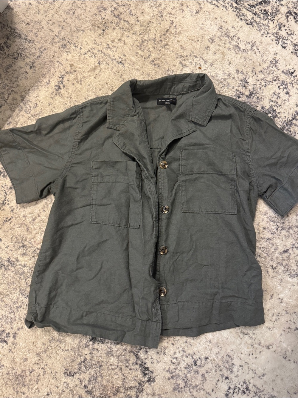 Silver Jeans Short Collar Button-Down Shirt with Matching Shorts in Olive Green